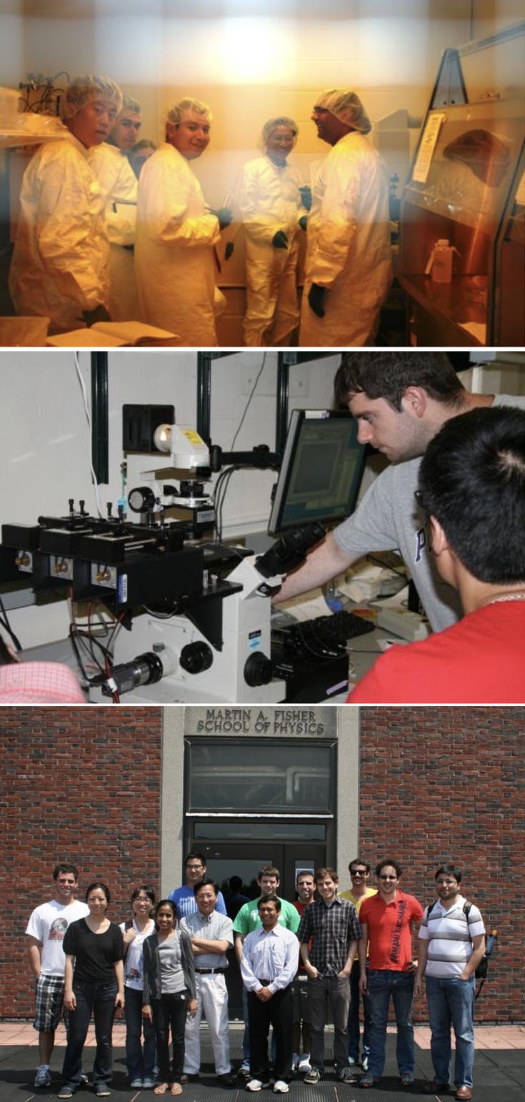 Top: Students wearing protective clothing in cleanroom during a training session. Middle: Students conducting microfluidic experiments. Bottom: Group photo after finishing the 2012 MRSEC summer course. They are posed in front of the entrance to the Martin A. Fisher School of Physics entrance.