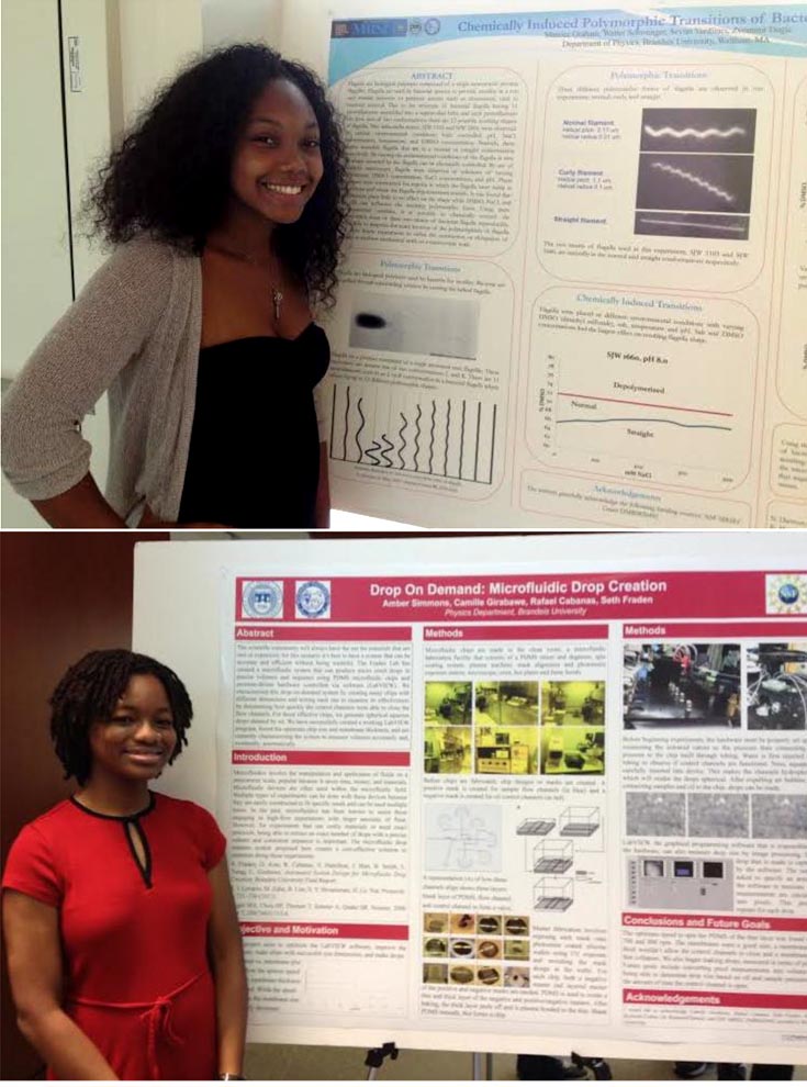 Pictures of the 2 Hampton University students, the first participants in the REU program.  In these 2 pictures they stand in front of their posters. Top photo: Title of the poster is "Chemically Induced Polymorphic Transitions of Bact...(picture is cropped there). The other poster is titled "Drop On Demand: Microfluidic Drop Creation."