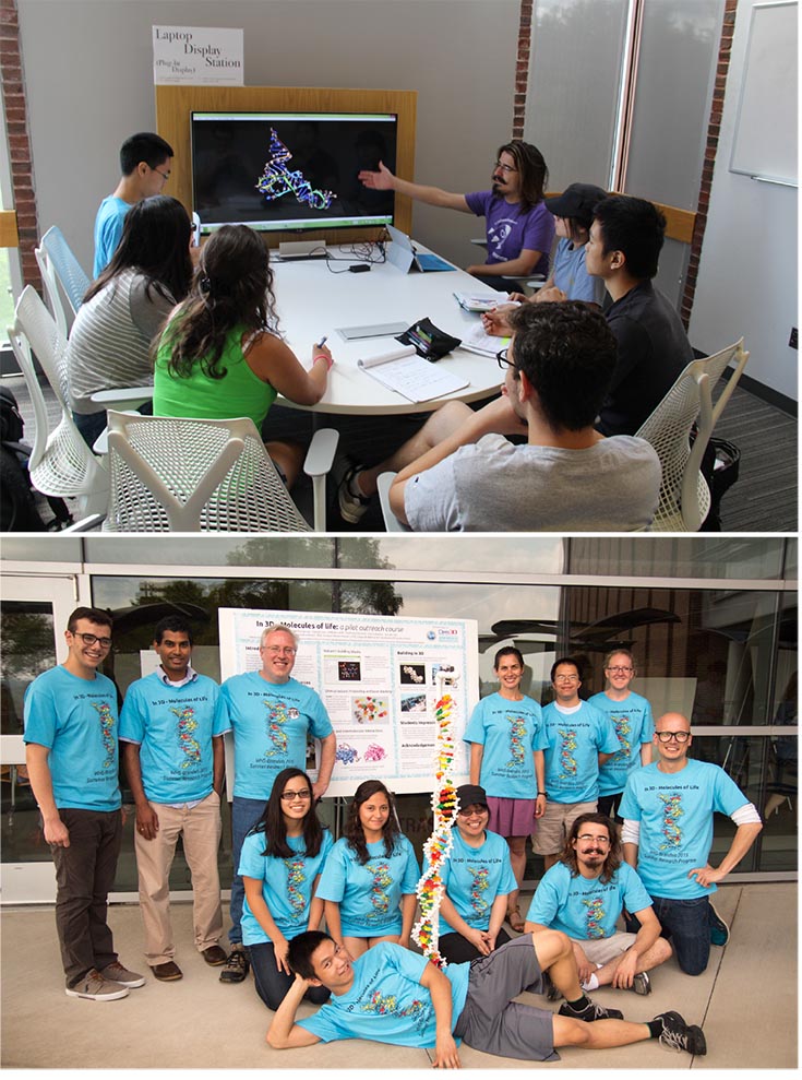 Top: Waltham High School students taking the course. Six students are seated around a table with a teacher pointing to a screen.Bottom: The students and teaching team with the 3D printed DNA model, all wearing blue T-shirts with the printed DNA model on it.