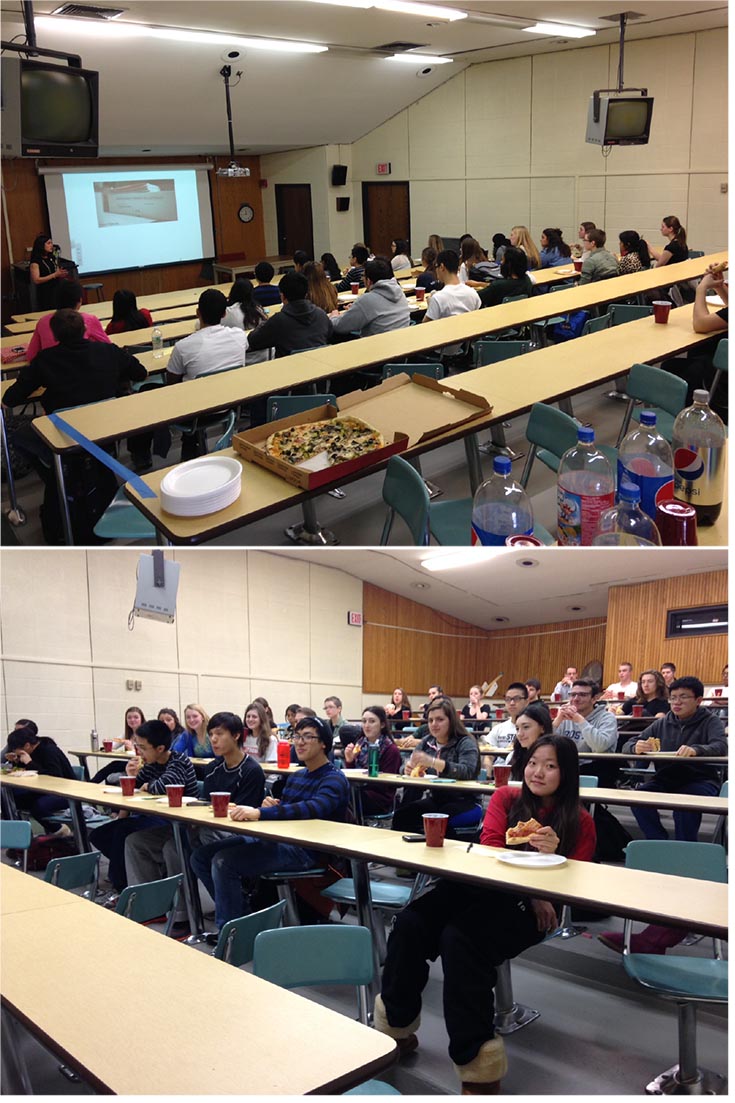 Waltham High School students enjoying pizza while attending the Science Pizza Talk program.