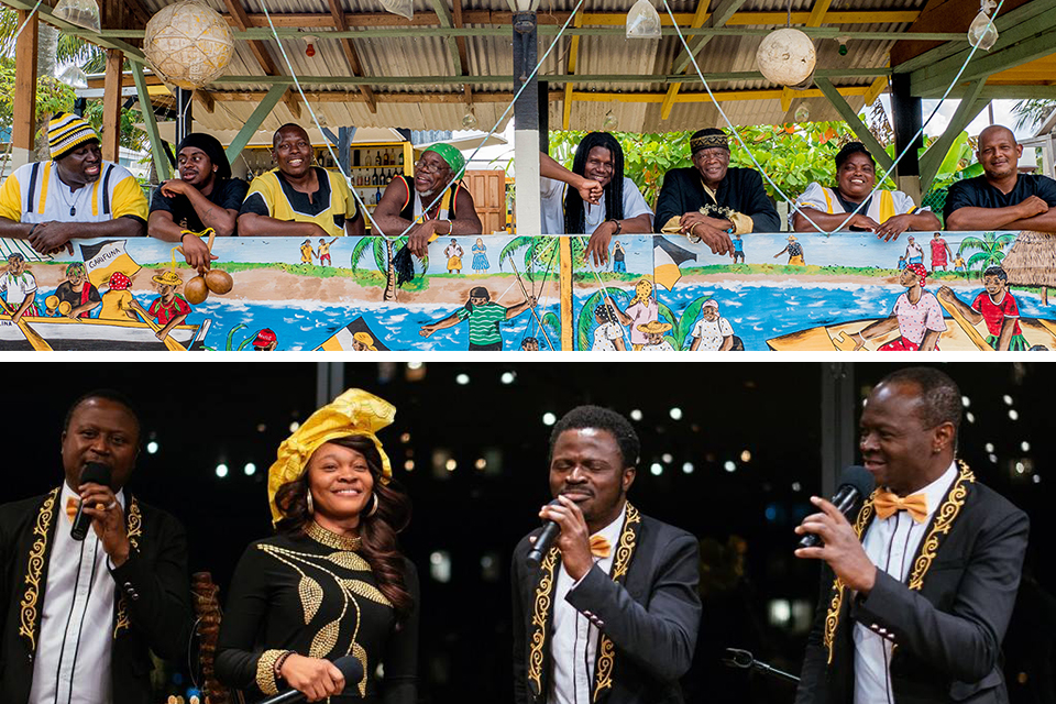 Top image shows the members of the Garifuna Collective in a line on the beach. Bottom image shows the four members of Jomion & The Uklos in concert.