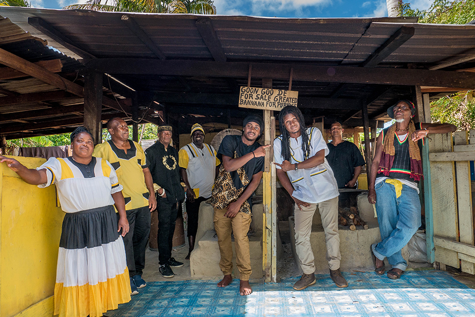The artists of the Garifuna Collective perform outside