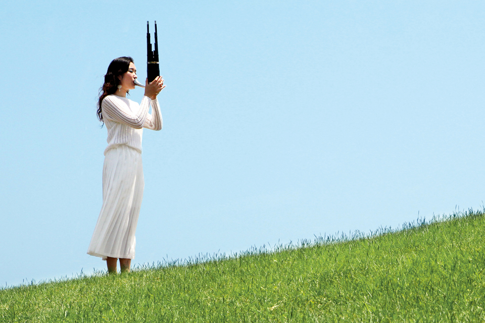 gamin playing an instrument in a grassy field