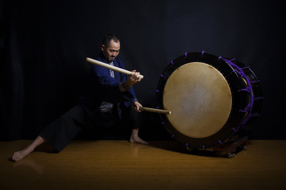 Guest artist Kaoru Wantanabe of Japan, playing the taiko drum.