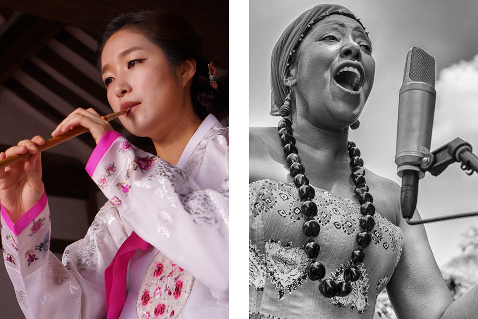 Guest artists gamin of Korea playing the Piri (Korean reed instrument) and Betsayda Machado of Venezuela and friends.