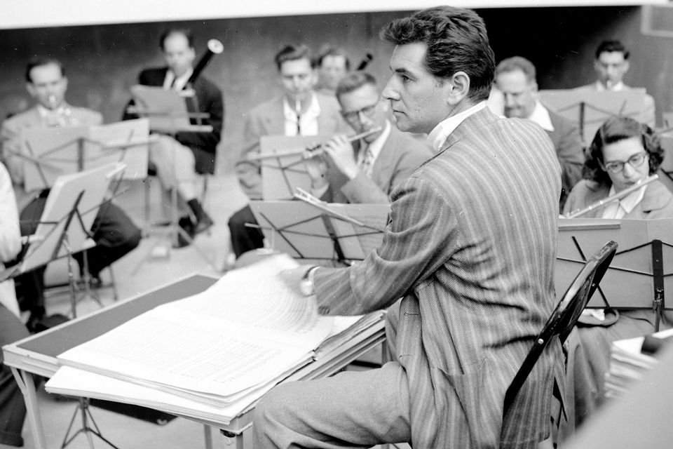 Leonard Bernstein conducting the orchestra at the Ullman Amphitheater, 1952