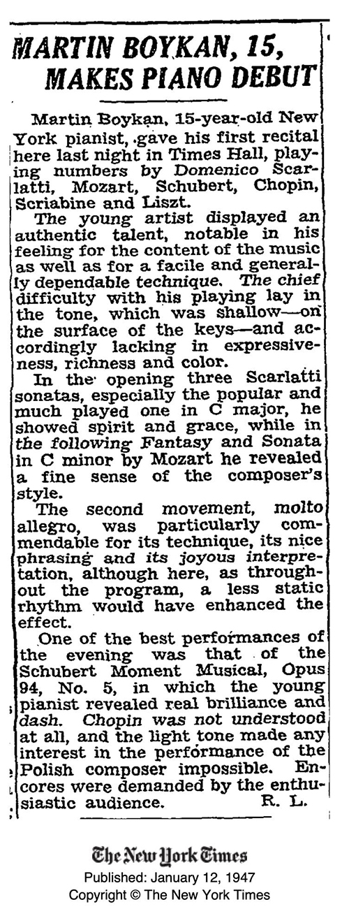 Screenshot of a New York Times article announcing 15-year-old Martin Boykan's piano debut