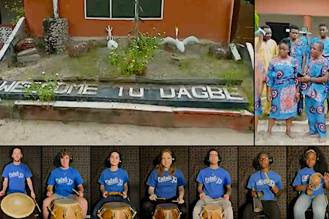 Members of Fafali play drums with artists from the Dagbe Cultural Center