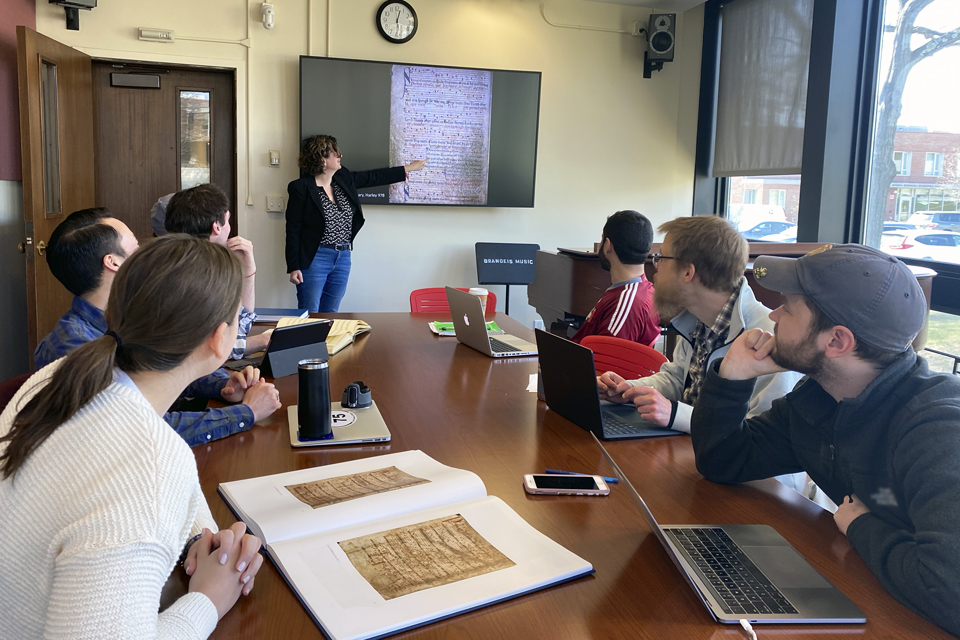 Professor Karen Desmond teaches a musicology seminar for graduate students.