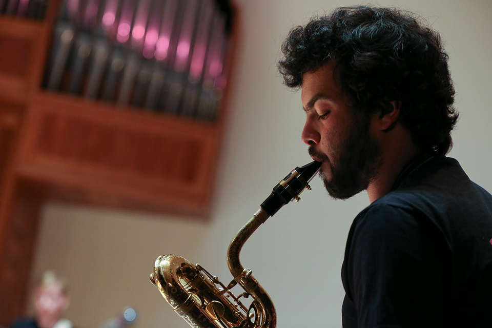 A student plays the saxophone at the Slosberg Music Center