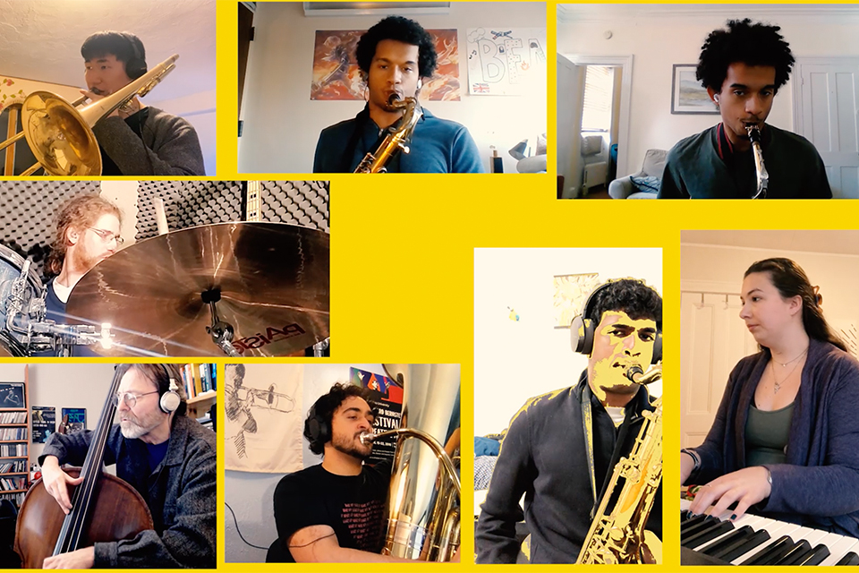 A thumbnail image from the jazz ensemble video featuring individual musicians against a yellow background