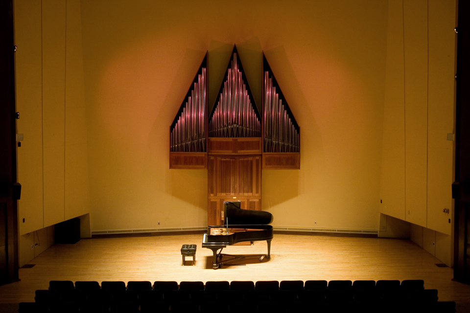 The stage of the Slosberg Recital Hall