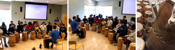 Photos of Fafali director Ben Paulding working with students and of the Ghanaian drums