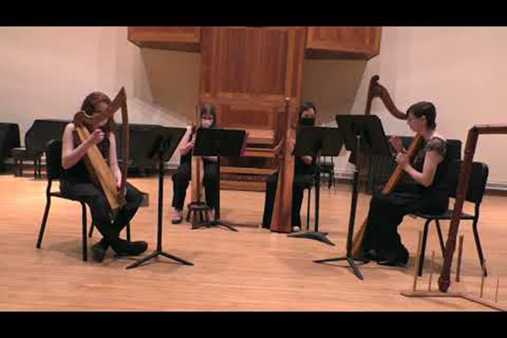 Students on stage playing harps