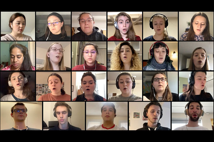 Many students singing in different Zoom frames.