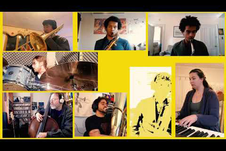 Montage of people playing different instruments in a collection of yellow frames.
