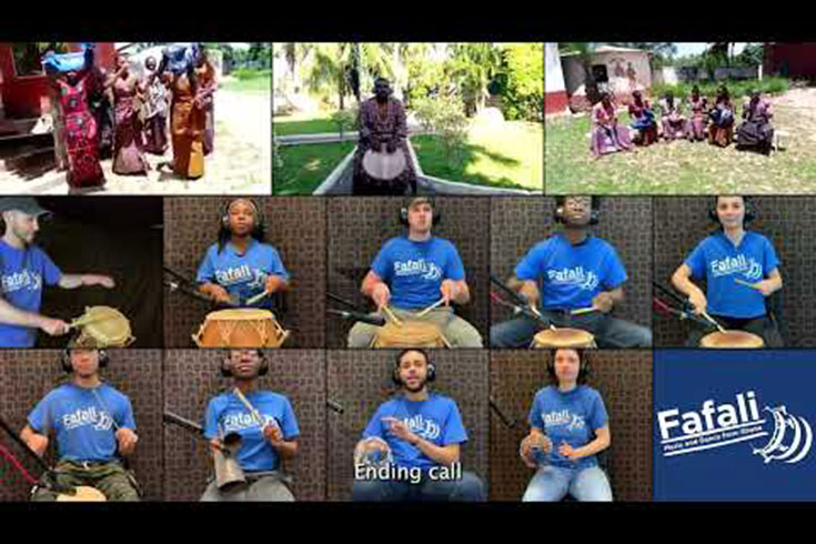 Drummers performing in seperate frames of a Zoom call.