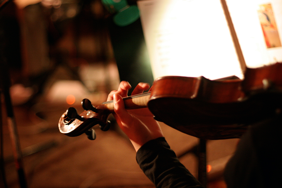 A photograph of someone playing the violin (face not visible)