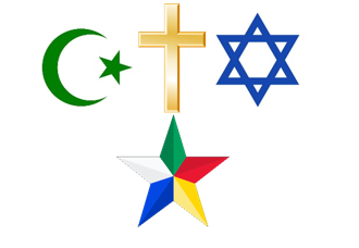 Symbols of Different Religions: Druze star, Jewish star of David, Islamic crescent moon and star, and Christian cross