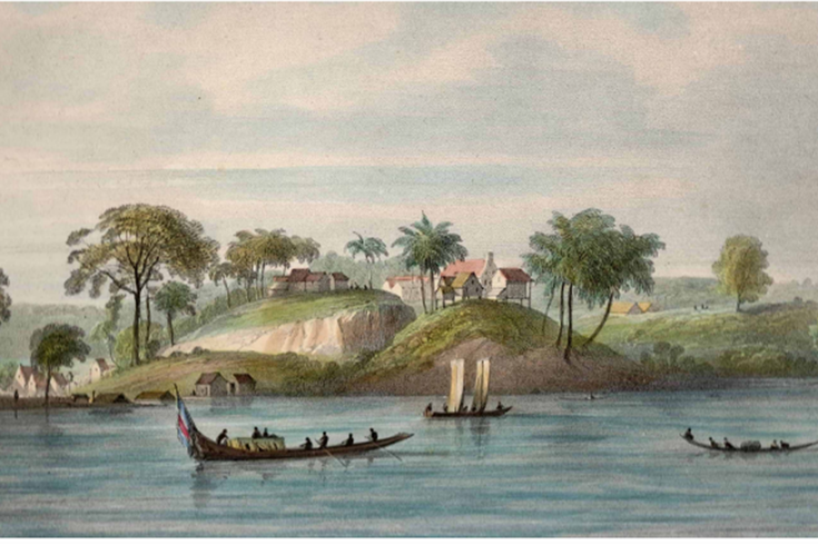 Painting of boats arriving on a shore.