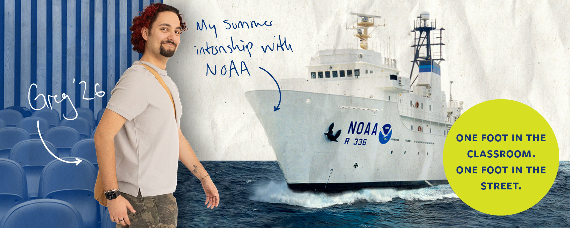 A collage of a student along with a large ship, showing the relationship between classroom education at Brandeis and real-world learning at a NOAA internship. Text reads: From the classroom to the street. Handwritten text includes: Greg '26 and My summer internship with NOAA