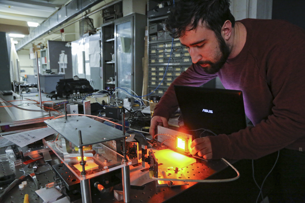 Dave Matthews '18 makes adjustments to a Schlervey test model.