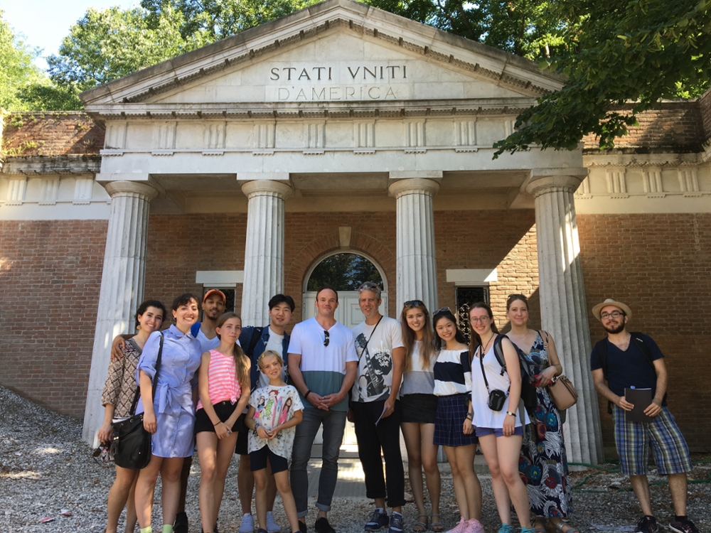 Brandeis in Siena students stand outside the U.S. Pavilion at the Venice Biennale.