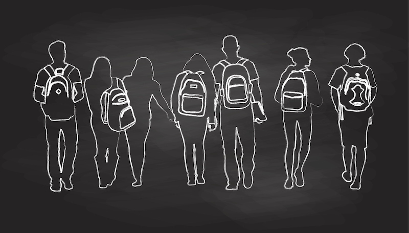 An illustration of students walking that is made to appear as though it was drawn on a chalkboard.