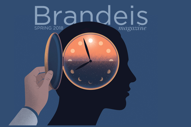 The cover of the Spring 2018 Brandeis Magazine; illustration of a silhouetted head with a hand opening a clock face