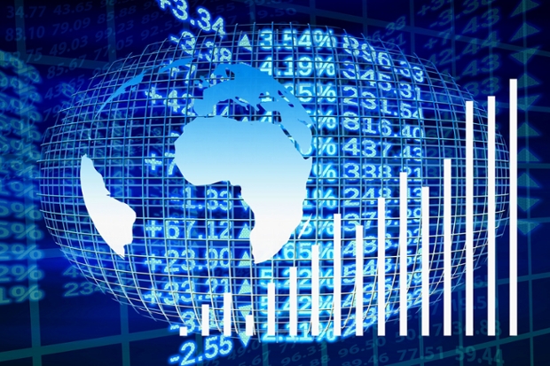 blue and white graphic showing stock exchange numbers with earth overlay