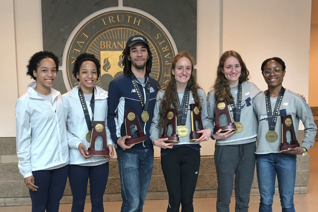 Members of Brandeis' 2018 indoor track team: Leini Valdez '21, Lisbeth Valdez '21, Irie Gourde '17, Emily Bryson '19, Julia Bryson '19, Doyin Ogundiran '19