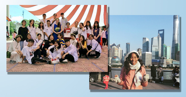 Left: Current Fulbright ETA Mia Katan with her Grade 12 History majors in Vietnam; Right: Minnie Norgaisse in Shanghai