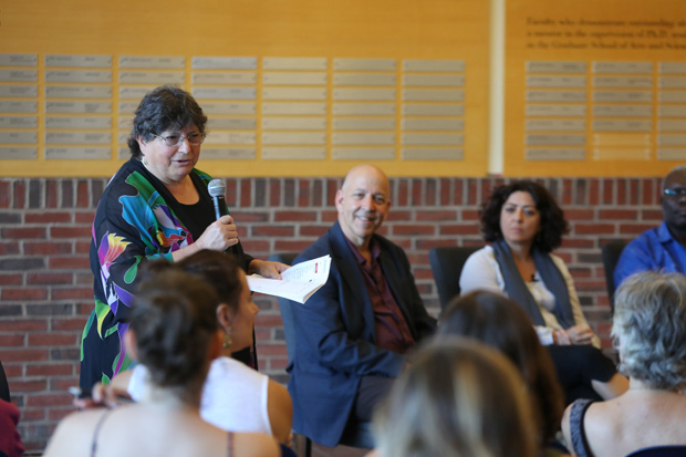 Cindy Cohen speaking to a crowd at an event in August.