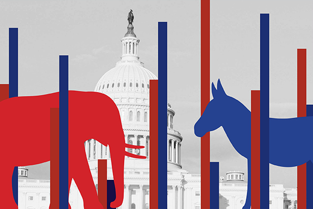 an elephant and a donkey lock eyes in a graphic in front of the U.S. Capitol
