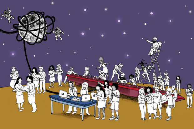 cartoon illustration of people using a giant keyboard, astronaut figures floating around a moon, and a man in a director's chair