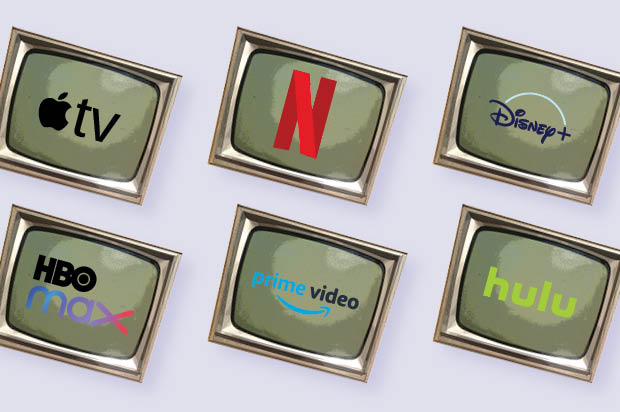 six television bearing the logos of Apple TV, Netflix, Disney+, HBO Max, Prime Video, and Hulu