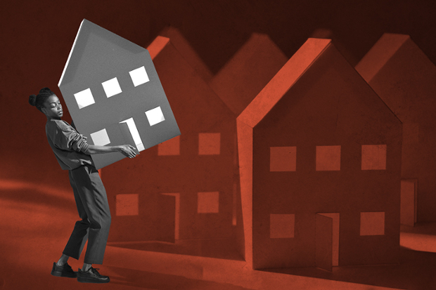 Black woman carrying cut-out house in illustration