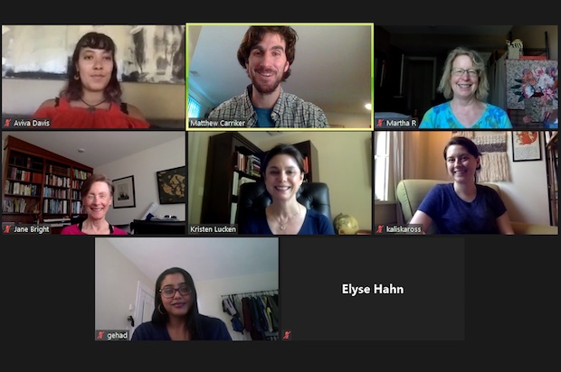 Zoom virtual meeting screen with spiritual life participants