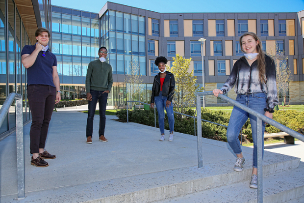 Alex, Agape, Melissa and Audrey outside of Skyline residence hall