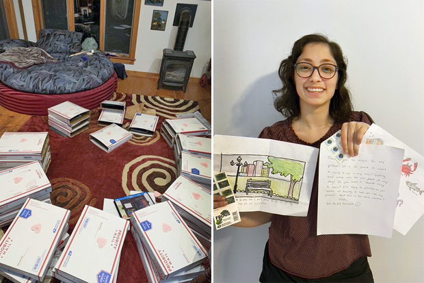 Hannah Borgida and some of the supplies and letters she sent to Prospect Hill residents.