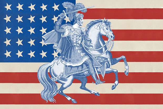 Illustration. A knight in front of an American flag.