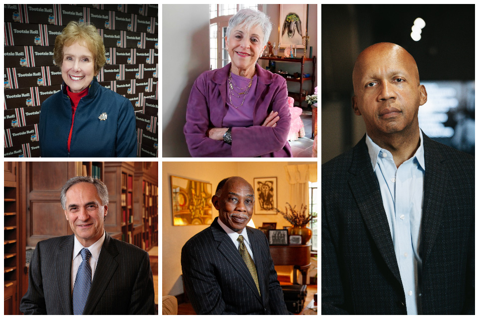 clockwise from left, head and shoulder shots of Ellen Gordon ’65,   Lynn Schusterman, Bryan Stevenson, Herman Hemingway ’53, and Robert J. Zimmer ’68 