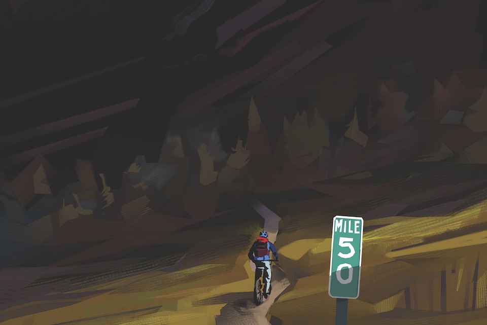 Illustration. Cyclist goes up mountainous road, sign that says "mile 50" behind them