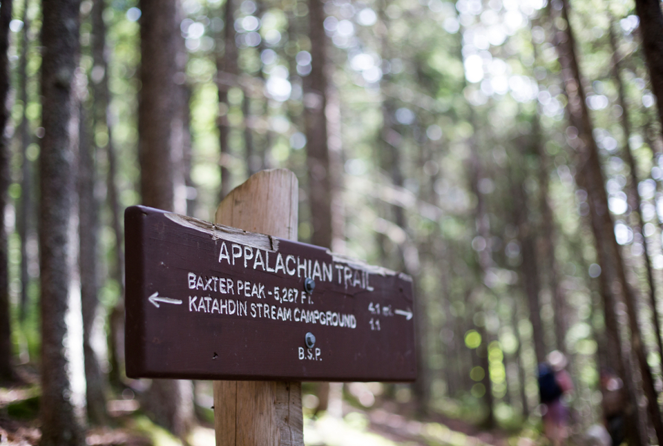 A sign for the Appalachian Trail in Baxter State Park, Maine.