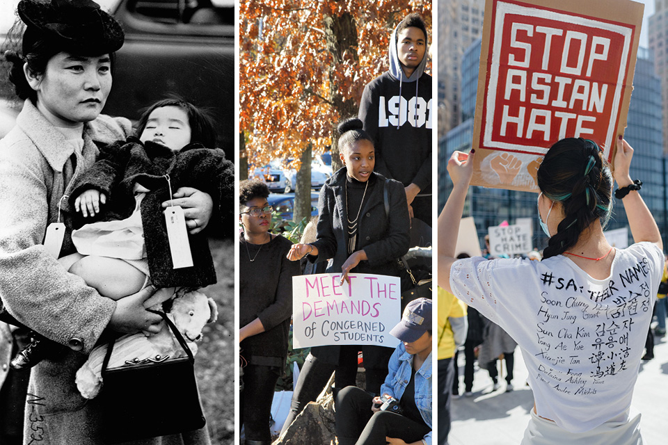 Images from an internment camp, the Ford Hall 2015 protests, and anti-Asian discrimination protests.