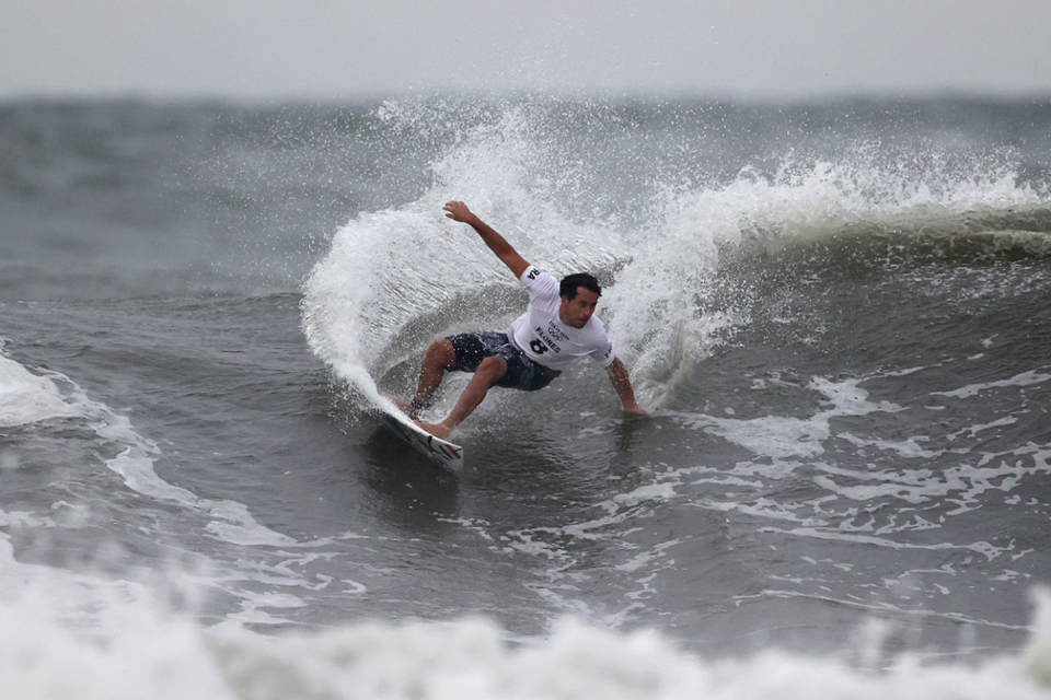 Jeremy Flores of Team France surfs during his men's round 3 heat with Owen Wright of Team Australia on day three of the Tokyo 2020 Olympic Games at Tsurigasaki Surfing Beach on July 26, 2021 in Ichinomiya, Chiba, Japan