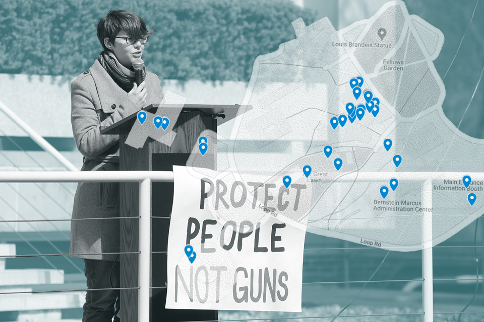 A students speaks at a gun control rally outside the Rose Art Museum. Image overlayed with a map of campus.