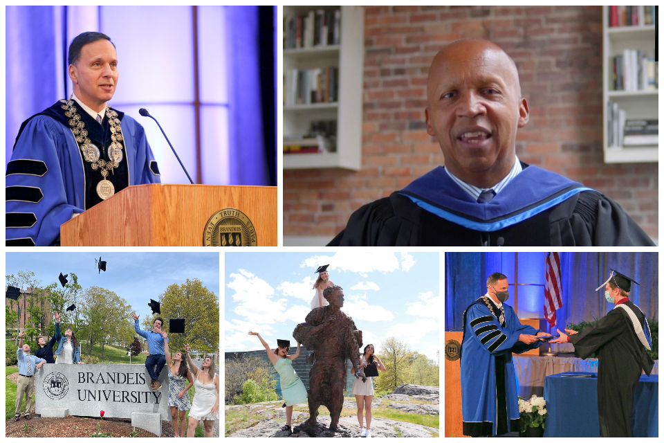 Collage. Top: Ron Liebowitz, Bryan Stevenson. Bottom: Image of students tossing caps in air; image of students posing with Brandeis statue; image of student receiving diploma.