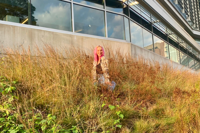 Zoe Popovic top of the hill in front of the Shapiro Science Center