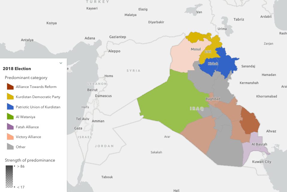 A map of the middle east with Iraq's election districts in color according to the parties that won the districts in 2018